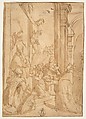 St. Thomas Aquinas Presenting His Work to the Crucified Christ, Santi di Tito (Italian, Sansepolcro 1536–1603 Florence), Pen and brown ink, brown wash, over traces of black chalk