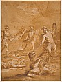 The Shipwrecked Alphone Rescues Lisamante from a Panther, Andrea Sacchi  Italian, Pen and brown ink, brown wash highlighted with white, on brownish paper