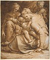 Virgin and Child with Saint Anne and John the Baptist, Francesco Salviati (Francesco de' Rossi) (Italian, Florence 1510–1563 Rome), Pen and brown ink, brush and brown wash, over black chalk, highlighted with white and light pink gouache