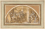 Triumphal Entry into a City, Francesco Salviati (Francesco de' Rossi) (Italian, Florence 1510–1563 Rome), Pen and brown ink, brush and brown wash, highlighted with white, over black chalk, on beige paper