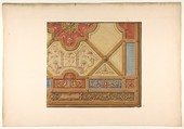 Partial design for the decoration of a ceiling in geometric panels painted with putti, masks., and griffins, Jules-Edmond-Charles Lachaise French, graphite, pen and ink, watercolor, and gold paint on tracing paper; mounted on heavy wove paper