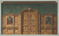 Design for a room with wood panels inset with paintings and a heavily-carved double door, Jules-Edmond-Charles Lachaise French, graphite, pen and ink, watercolor, and gold paint on wove paper; mounted on blue wove paper