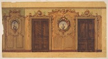 Design for a room with double doors decorated with garlands of fruit and flowers, scrolls, and lattice work, Jules-Edmond-Charles Lachaise French, pen and ink and watercolor on tracing paper; mounted on heavy wove paper