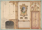 Design for the decoration of a wall punctuated by a fireplace and a door and hung with gold-framed pictures, Jules-Edmond-Charles Lachaise French, Graphite, watercolor, and gold paint on wove paper; mounted on blue wove paper