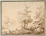 Shepherd with His Flock in a Clearing, Jean-Baptiste Le Prince (French, Metz 1734–1781 Saint-Denis-du-Port), Brush, brown wash over black chalk. Framing lines in pen and brown ink.