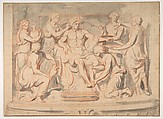 Apollo Bathing, Attended by the Nymphs of Thetis, Charles Le Brun (French, Paris 1619–1690 Paris), Brush and gray wash, over red and black chalk; squared in black chalk; framing lines in pen and brown ink