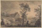 The Bend in the River, Simon Mathurin Lantara (French, Oncy 1729–1778 Paris), Black chalk with touches of white gouache on figures, touches of pen and brown ink, on light brown paper