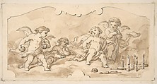 Putti at play, Jules-Edmond-Charles Lachaise  French, Graphite and brown wash