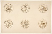 Six designs set in medallions, Jules-Edmond-Charles Lachaise  French, Graphite and brown wash