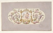 Design for a ceiling with a putto set in a border, Jules-Edmond-Charles Lachaise  French, Graphite, gilt, gouache, and watercolor
