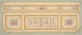 Design for a ceiling with two putti and symbols for the arts, Jules-Edmond-Charles Lachaise French, Graphite, gilt, gouache, and watercolor