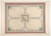 Design for a ceiling with floral accents and Greek key border, Jules-Edmond-Charles Lachaise French, Graphite, gouache, and watercolor