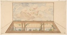 Design for a ceiling painted with a trompe l'oeil awning and putti in clouds, Jules-Edmond-Charles Lachaise French, graphite and watercolor on laid paper; mounted on laid paper