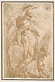 Mars and Cupid (recto); Female Standing Figure with a Helmet and a Shield (Bellona?) (verso), Andrea Schiavone (Andrea Meldola) (Italian, Zadar (Zara) ca. 1510?–1563 Venice), Pen and brown ink, brush and brown wash (recto and verso); possible traces of black chalk underdrawing