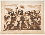 Four Putti on Clouds, Leonardo Scaglia (Italian, documented Perugia, Ancona, 1640–1650), Pen and brown ink, brown wash, over traces of black chalk
