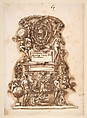 Ornamental Motif Surmounted by a Coat of Arms, Leonardo Scaglia (Italian, documented Perugia, Ancona, 1640–1650), Pen and brown ink, brown wash