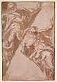 Two Seated Male Figures Within Spandrels, Andrea Schiavone (Andrea Meldola)  Italian, Pen and brown ink, brush and brown wash, highlighted with white gouache, reworked with red chalk