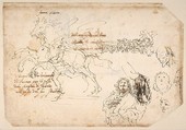Sheet of Sketches: Sculpture for a Banquet Honoring Queen Christina of Sweden., Giovanni Paolo (Johan Paul) Schor (Austrian, Innsbruck 1615–1674 Rome), Pen and brown ink on ivory paper