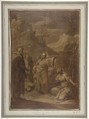 Christ and the Canaanite Woman, Giovan Gioseffo dal Sole (Italian, Bologna 1654–1719 Bologna), Brown and cream oil paint, on a sheet imprinted with a Latin text