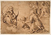 Madonna and Child with Saint John, Saint Anne, and Two Angels in Adoration, Francesco Stringa  Italian, Pen and brown ink, brush and brown wash, over traces of red chalk on light brown paper