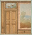 Elevation of a paneled wall with a mural or tapestry and a double doors surmounted by a painting of ducks, Jules-Edmond-Charles Lachaise (French, died 1897), pen and ink and watercolor on laid paper; inlaid in blue wove paper