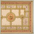 Alternative designs for the painted decoration of a ceiling, Jules-Edmond-Charles Lachaise French, Pen and ink, watercolor, and gold paint on laid paper; inlaid in blue wove paper