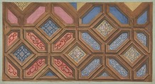 Alternate designs for the decoration of a coffered ceiling, Jules-Edmond-Charles Lachaise French, graphite, pen and ink, gouache, and gold paint on wove paper; inlaid in blue wove paper