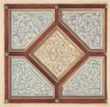 Design for a coffered ceiling with alternative decorative patterns, Jules-Edmond-Charles Lachaise French, Pen and ink, watercolor, and gouache on wove paper; inlaid in wove paper