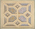 Design for a coffered ceiling decorated with rinceaux, Jules-Edmond-Charles Lachaise  French, graphite, pen and ink, wash and gouache on wove paper, inlaid in blue wove paper