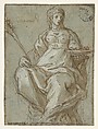 Allegorical Female Figure Holding a Branch and a Dish, Lazzaro Tavarone  Italian, Pen and brown ink, brush and pale brown wash, highlighted with white, over black chalk, on blue paper. Faintly squared in black chalk