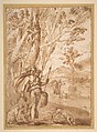 The Goddess Diana with Her Hounds Standing in a Landscape, Agostino Tassi  Italian, Pen and brown ink, brush and brown wash
