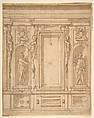 Wall Elevation with a Window and Statues of Saint John the Baptist and Saint Peter in Niches, Lazzaro Tavarone (Italian, Genoa 1556–1641 Genoa), Pen and brown ink, brush and brown wash, over black chalk. Squared in black chalk