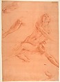 Studies for an Angel in Glory, Antonio d'Enrico Tanzio (Tanzio da Varallo) (Italian, Riale d'Alagna 1575/80–1632/33 Novara), Red chalk on off-white laid paper washed pale ochre; main study squared for transfer