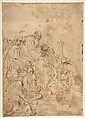 The Presentation of the Virgin in the Temple (recto); Another Design for the Same Composition (verso), Pietro Testa (Italian, Lucca 1612–1650 Rome), Pen and brown ink, brush and brown wash, on beige paper (recto); pen and brown ink (verso).