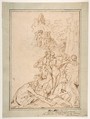 Allegorical Figures on Mount Parnassus: Study for the etching Triumph of Painting, Pietro Testa (Italian, Lucca 1612–1650 Rome), Pen and brown ink, over black chalk.  The sketch of Pegasus in black chalk only.  Framing lines in pen and brown ink