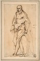 Standing Male Figure Supporting a Shield, Pietro Testa (Italian, Lucca 1612–1650 Rome), Pen and brown ink, over a little black chalk, on beige paper