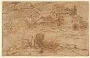 Landscape with a Goat, Titian (Tiziano Vecellio) (Italian, Pieve di Cadore ca. 1485/90?–1576 Venice), Pen and brown ink; framing lines in pen and brown ink