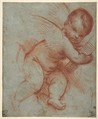 Winged Putto Holding the Base of a Cross, Circle of Titian (Tiziano Vecellio) (Italian, Pieve di Cadore ca. 1485/90?–1576 Venice), Red chalk, heightened with white, on blue-gray paper