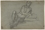 Reclining Female Nude Figure, Domenico Tintoretto Italian, Black chalk, highlighted with white, on blue paper