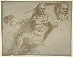 Seated satyr, with enlarged head of same (recto); head of a woman (verso), Pellegrino Tibaldi (Italian, Puria di Valsolda 1527–1596 Milan), Recto, pen and brown ink, brush and brown wash, with traces of highlighting in white gouache on faded blue paper (recto);  black chalk and charcoal highlighted with traces of white chalk (?) (verso)