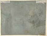 Seated satyr, with enlarged head of same (recto); Head of a woman (verso), Pellegrino Tibaldi (Italian, Puria di Valsolda 1527–1596 Milan), Pen and brown ink, brush and brown wash, with traces of highlighting in white gouache on faded blue paper (recto); black chalk and charcoal highlighted with traces of white chalk (?) (verso)