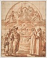 Allegory of the Trinitarian Order, Alessandro Tiarini (Italian, Bologna 1577–1668 Bologna), Pen and brown ink, brush and brown wash, over red chalk; squared in red chalk; arched framing lines above in pen and brown ink
