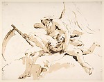 Time Seated, Clutching a Putto, Giovanni Battista Tiepolo (Italian, Venice 1696–1770 Madrid), Pen and dark brown ink, brush with pale and dark brown wash, over black chalk