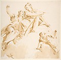 Two Women Seated on a Cloud, and Two Putti, Giovanni Battista Tiepolo (Italian, Venice 1696–1770 Madrid), Pen and brown ink, brush with pale (yellow) brown wash, over leadpoint or black chalk