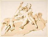 Seated River God, Nymph with an Oar, and Putto, Giovanni Battista Tiepolo (Italian, Venice 1696–1770 Madrid), Pen and brown ink, brush with pale (yellow) and dark brown wash, over black chalk