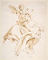 Winged Putto Crowning a Seated Woman Who Looks to the Left, Giovanni Battista Tiepolo (Italian, Venice 1696–1770 Madrid), Pen and brown ink, brush with pale and dark brown wash, over black chalk
