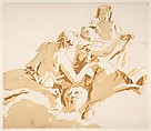 Two Seated Women and a Boy on Clouds, Giovanni Battista Tiepolo (Italian, Venice 1696–1770 Madrid), Pen and brown ink, brush with pale (yellow) and dark brown wash, over black chalk