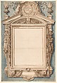 Design for the Frame of a Funerary Plaque with the Coat of Arms of Roger II de Saint Lary, Duc de Bellegarde, Etienne Martellange (French, Lyon 1568–1641 Paris), Pen and brown ink, brush and brown and blue wash, over traces of black chalk underdrawing