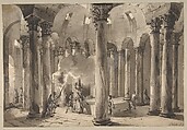 Visitors with Torches Inside a Circular Building, Jean Pierre Louis Laurent Hoüel (French, Rouen 1735–1813 Paris), Pen and brown ink, gray-brown wash, heightened with touches of white, over traces of black chalk