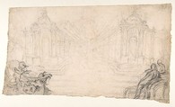 Design for a Festival Display of Fireworks (recto); Small Figures by a different hand (verso), Attributed to Laurent Hubert (French, died ca. 1780), Black chalk with touches of red chalk  (recto); red chalk and graphite (verso)